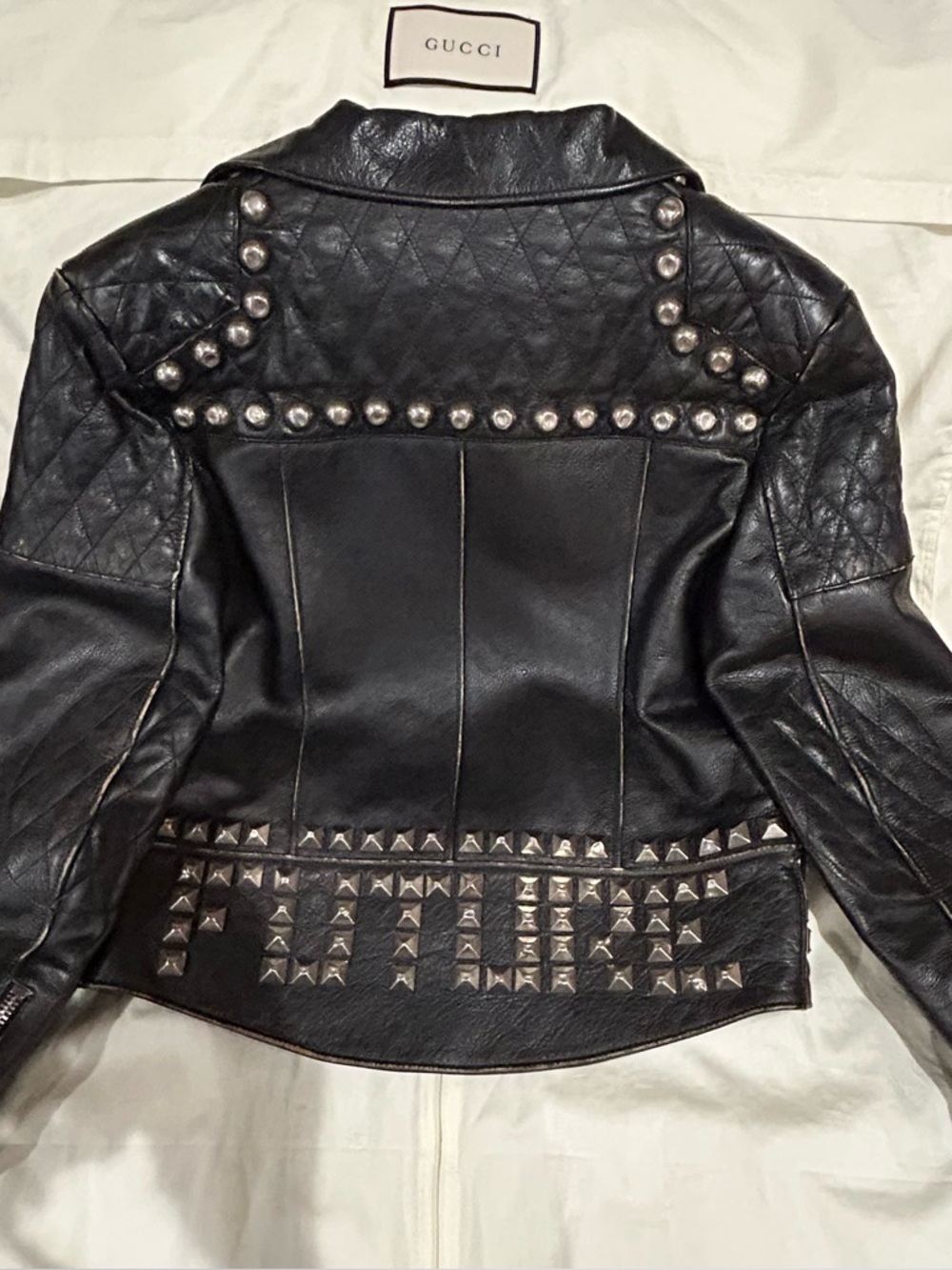 “FUTURE” Gucci Black Leather Studded Biker Jacket w/Embroidery & Red Lining